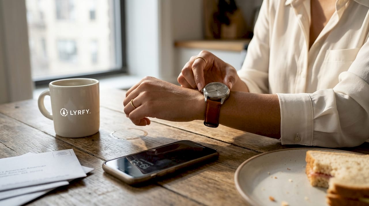 Person winding mechanical watch at kitchen table