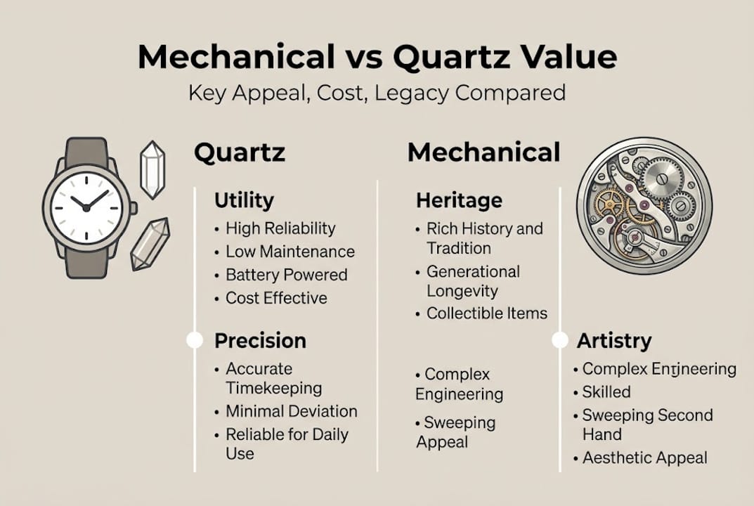 Infographic comparing mechanical and quartz watch value