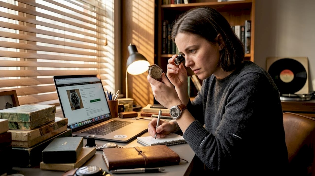 Woman researching and inspecting vintage watch