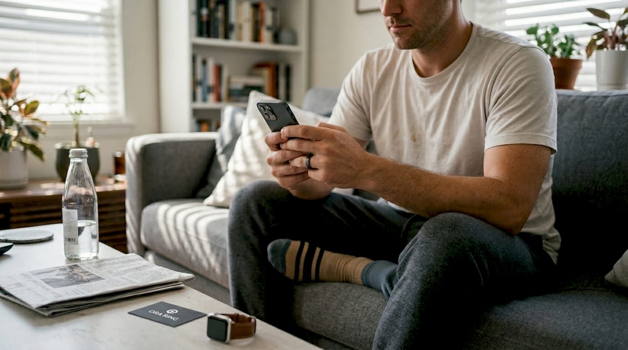 Man with Oura Ring and Apple Watch at home