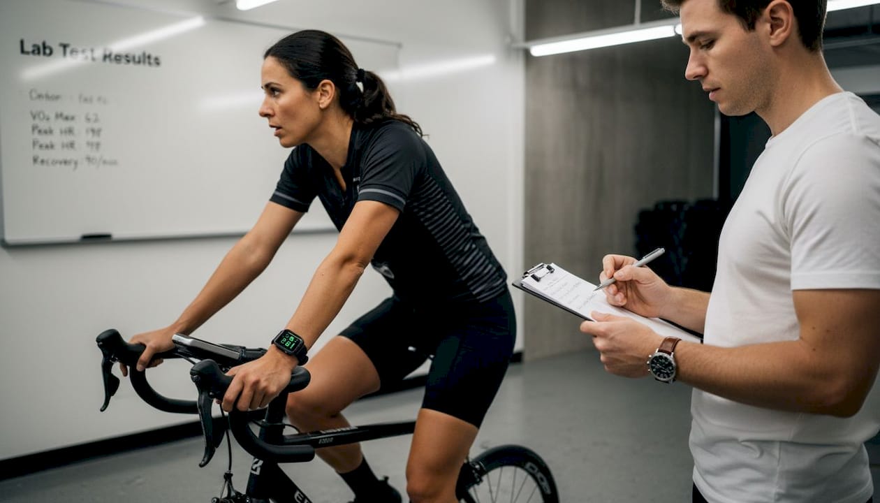 Athlete with smartwatch in sports science lab, illustrating VO2 max testing comparison between wearables and lab equipment