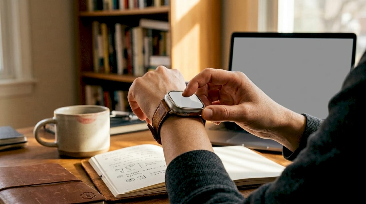 Woman interacting with smartwatch stress monitoring at desk