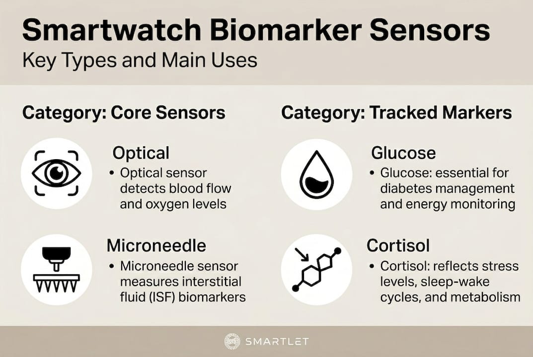 Infographic of main smartwatch biomarkers and sensors