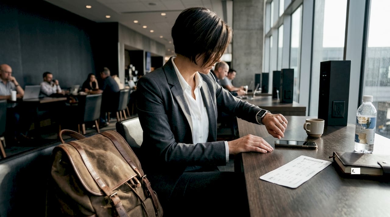 Consultant uses smartwatch in airport lounge, illustrating how health monitoring fits into a professional travel routine