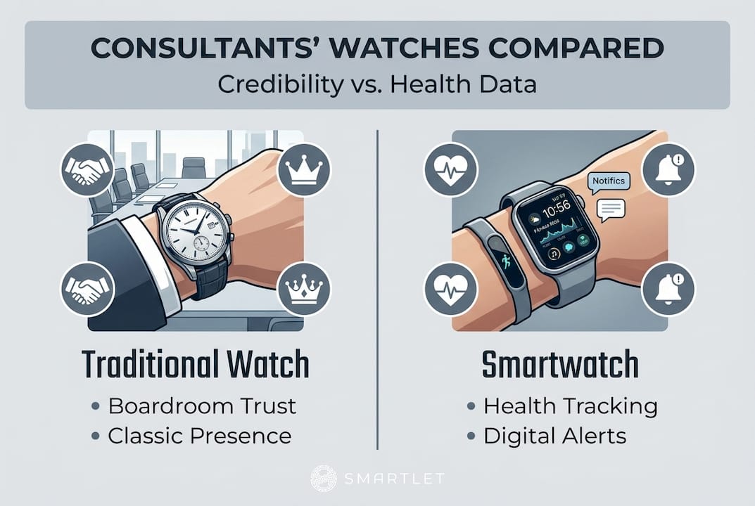 Infographic contrasting traditional watches and smartwatches for professional consultants