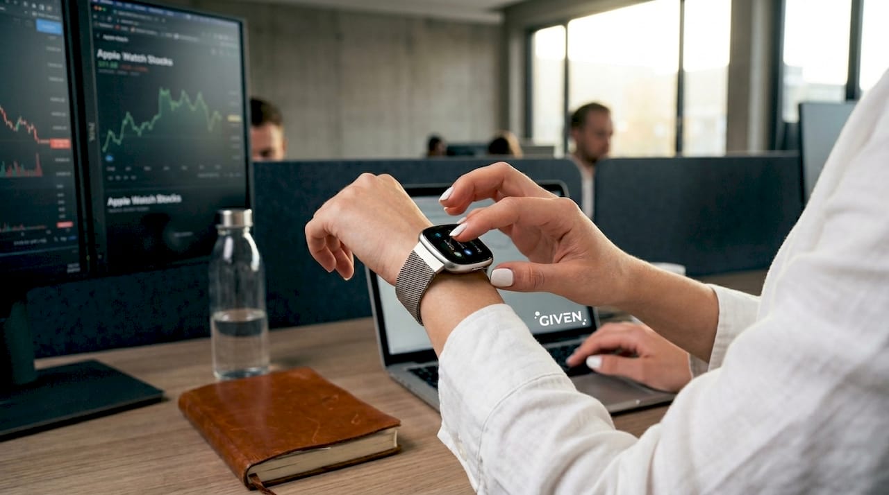 Trader reading real-time stock alerts on smartwatch during market hours, hand on trading desk