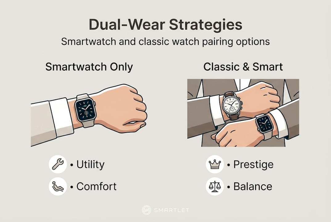 Infographic showing dual-wear strategies overview comparing smartwatch only, mechanical only, two wrists, modular adapter, and smart ring