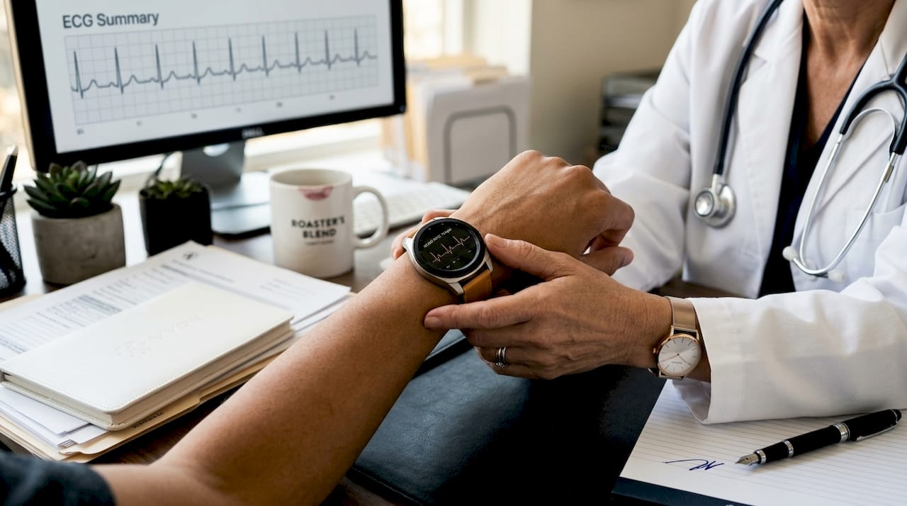 Doctor reviewing smartwatch heart health data on a tablet during a clinical consultation