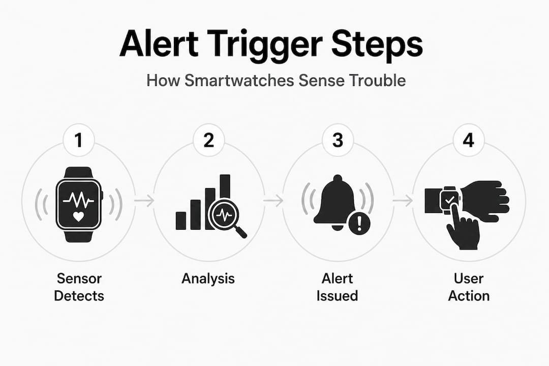 Infographic showing the steps of the smartwatch alert process from sensor detection to medical follow-up