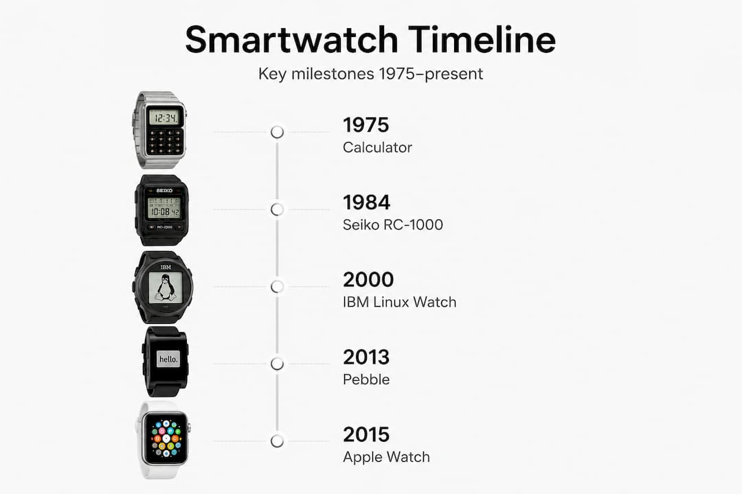 Infographic of smartwatch milestones timeline from calculator watches to Apple Watch