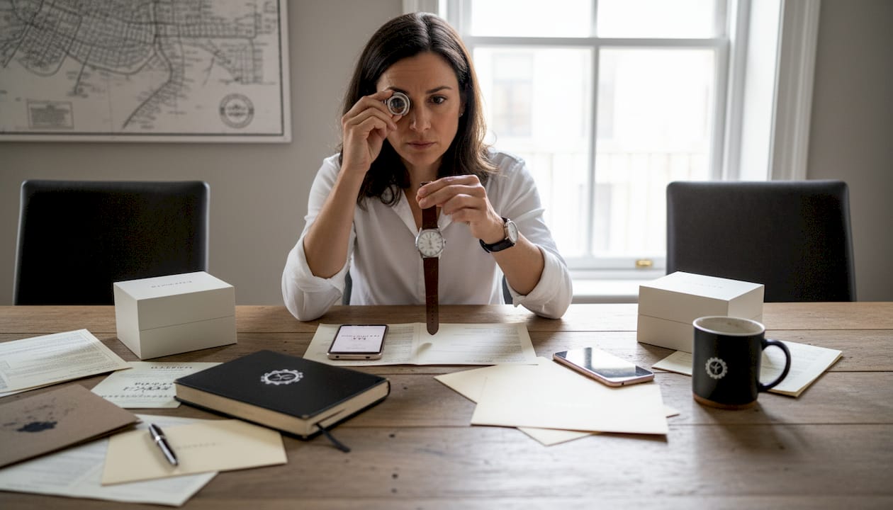 Woman examines wristwatch for authenticity