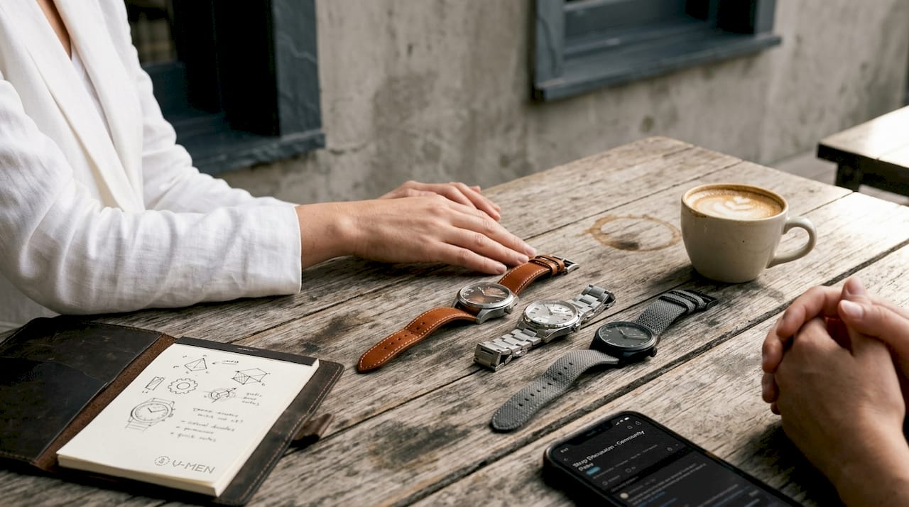 Two women comparing mechanical watch straps at a cafe table, examining options for daily professional wear