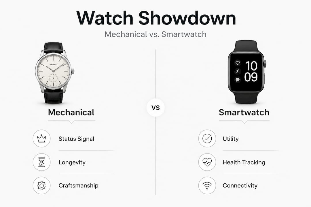 Infographic comparing mechanical watch and smartwatch across status, utility, longevity, and investment value criteria