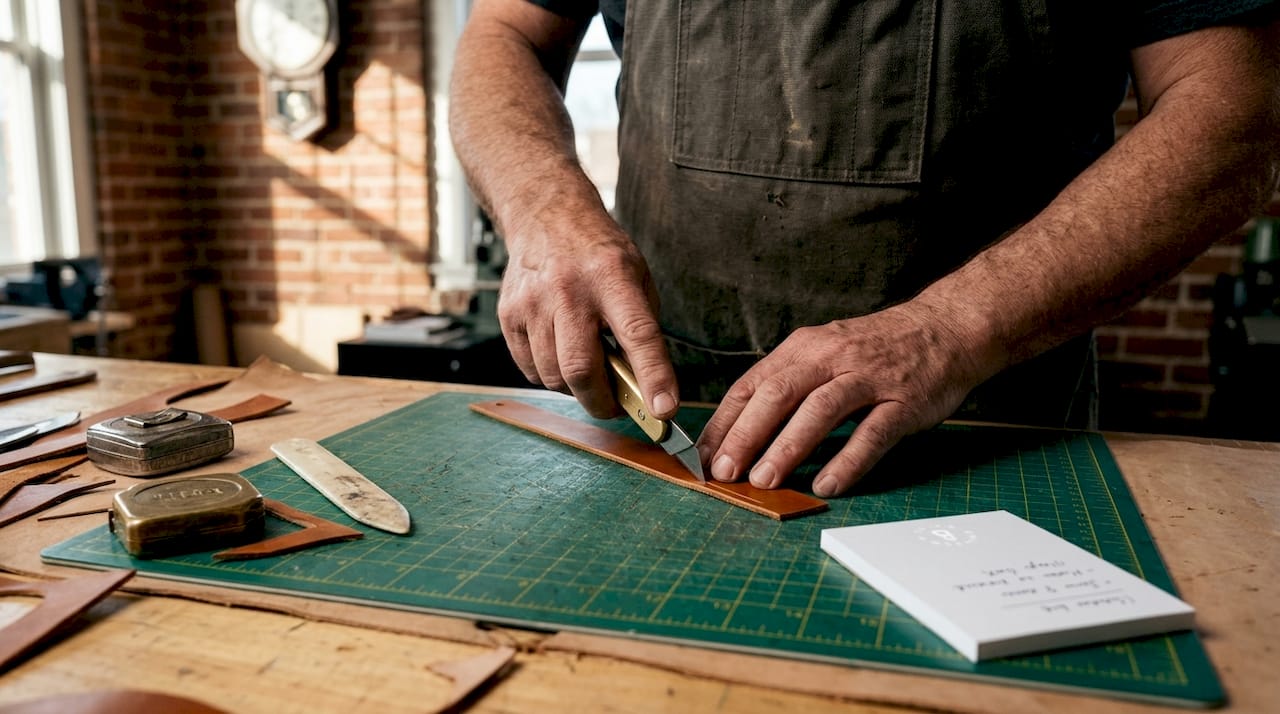 Leatherworker hand-stitching a vintage Horween leather watch strap on a workbench