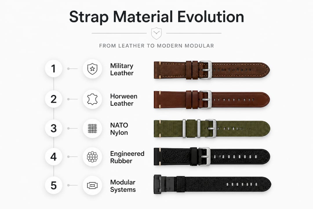 Infographic timeline showing watch strap material evolution from steel bracelet 1900s to FKM rubber and modular quick-release systems