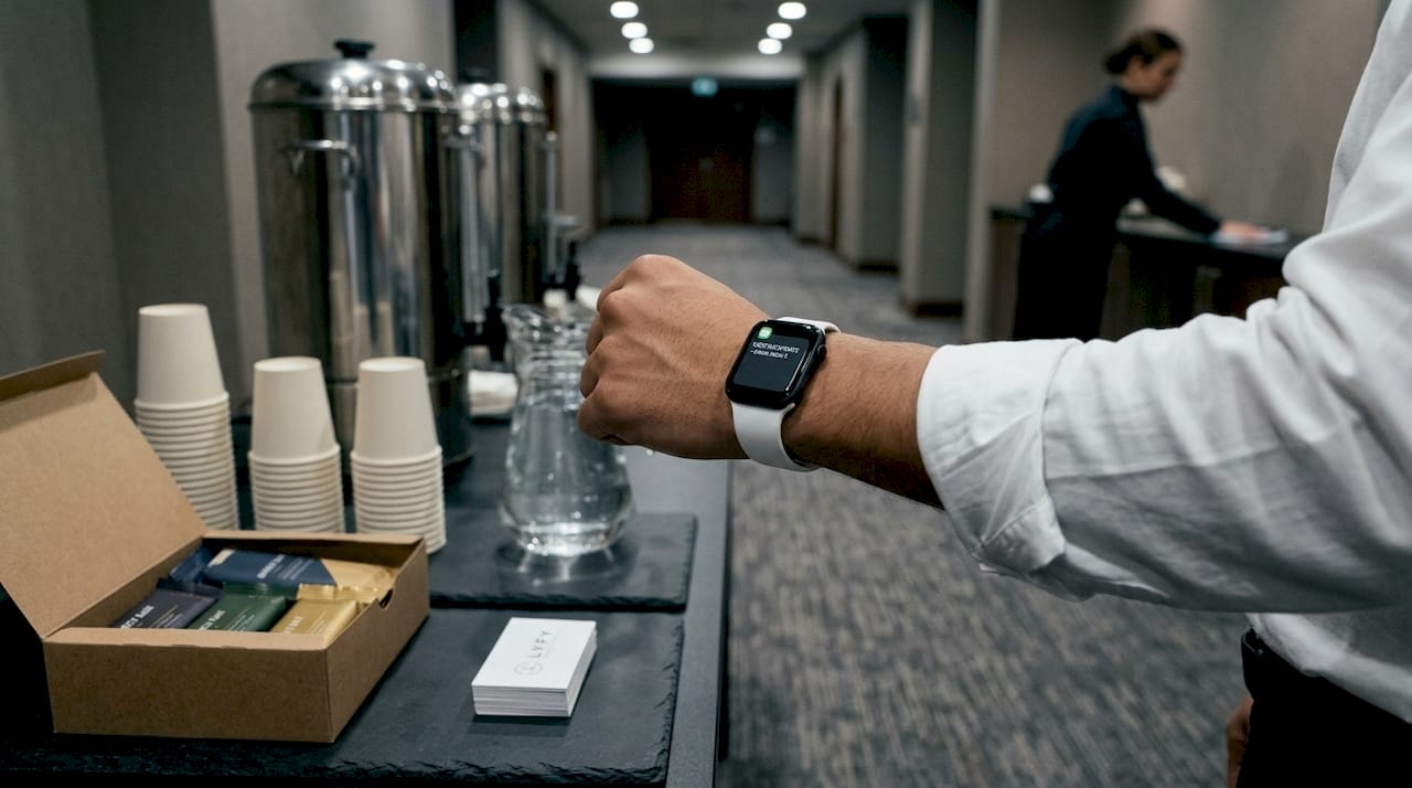 Event team member checks smartwatch for an alert during a high-pressure conference or gala