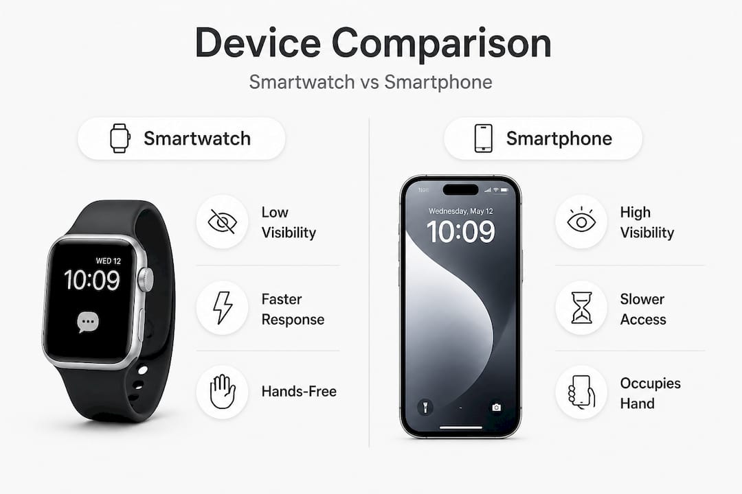Infographic comparing smartwatch, smartphone, and radio for event manager coordination at galas and conferences