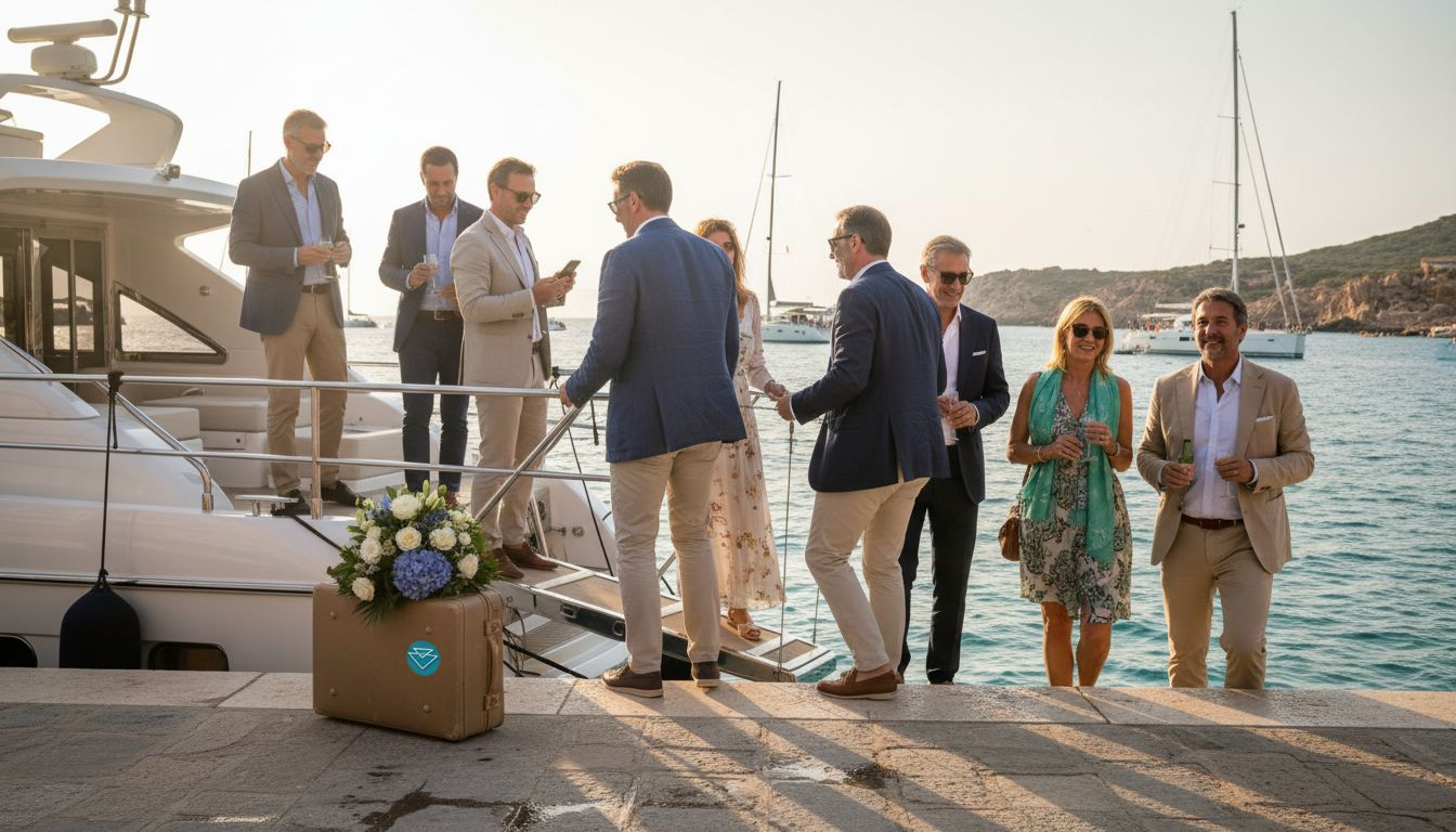 Gäste gehen an einem Mittelmeerhafen an Bord einer Yacht.