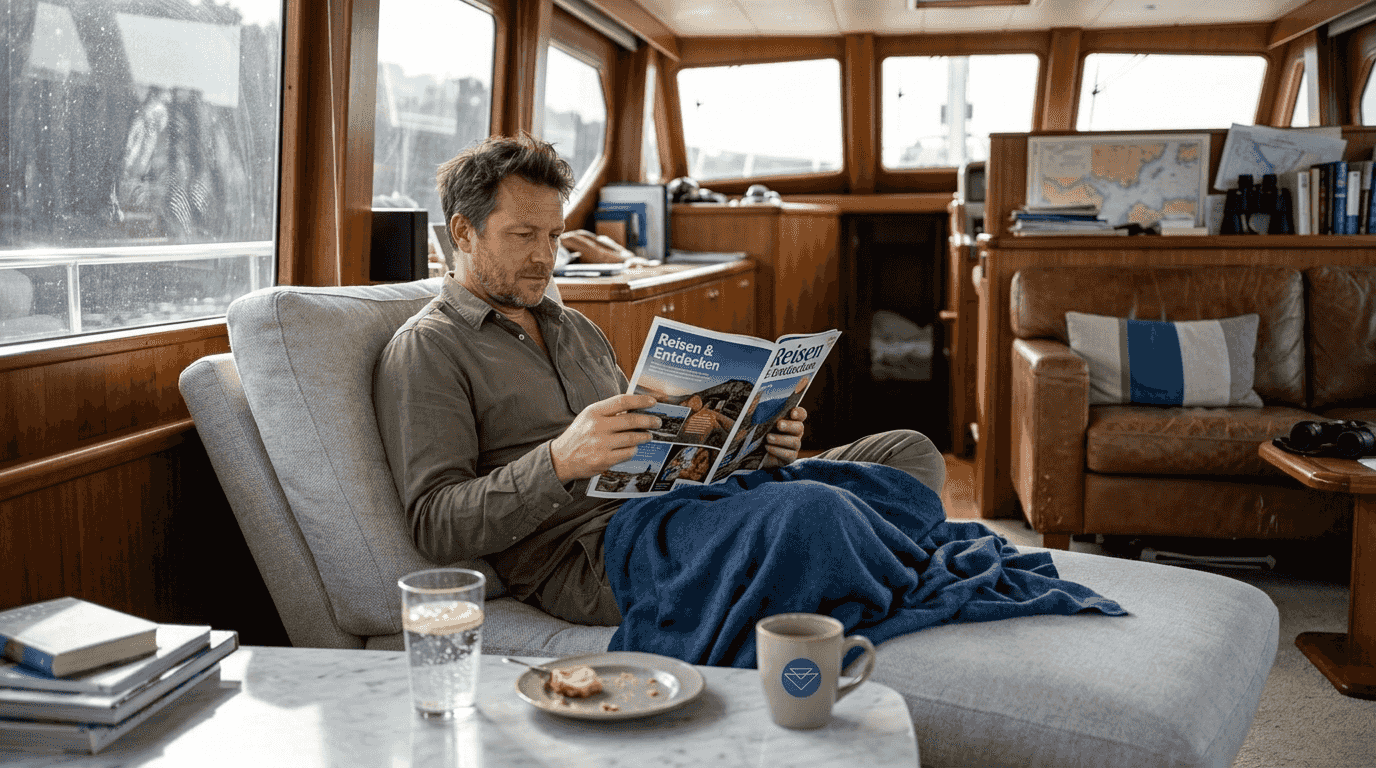 Ein Mann genießt in der eleganten Lounge seiner Yacht ein gutes Buch.