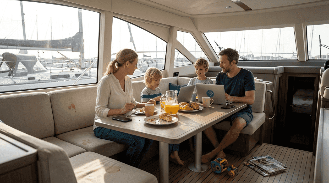 Beim gemütlichen Frühstück an Bord genießen die Familienmitglieder das stilvolle Ambiente ihrer Yacht.