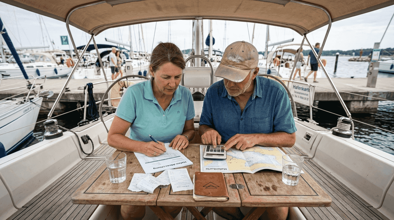 Ein Ehepaar sitzt am Tisch und geht gemeinsam die Yachtcharter-Rechnungen durch.