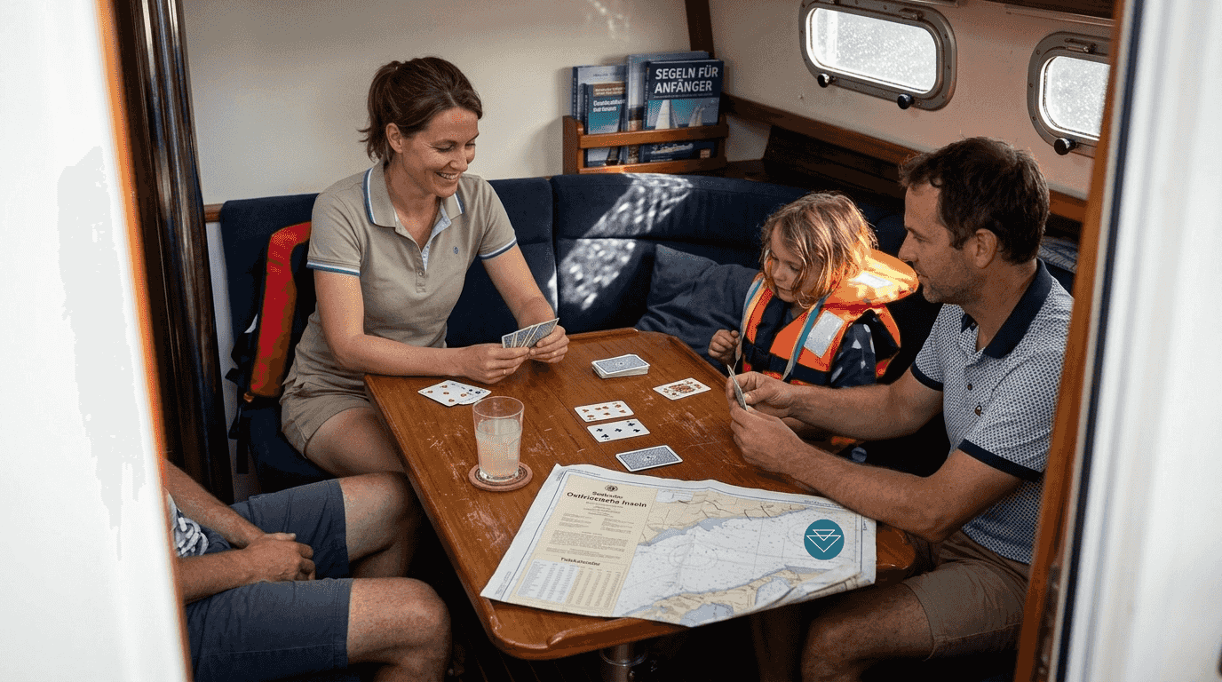 Eine Familie genießt entspannte Stunden im großzügigen Salon ihrer Yacht.