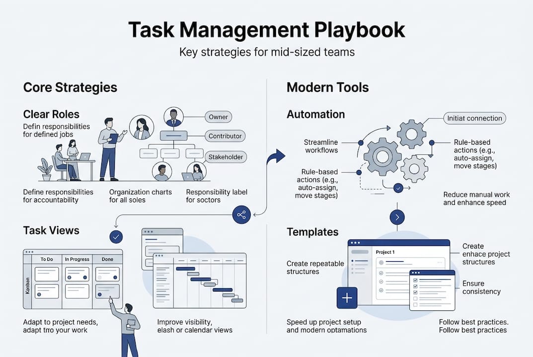 Task management playbook infographic with core strategies and tools