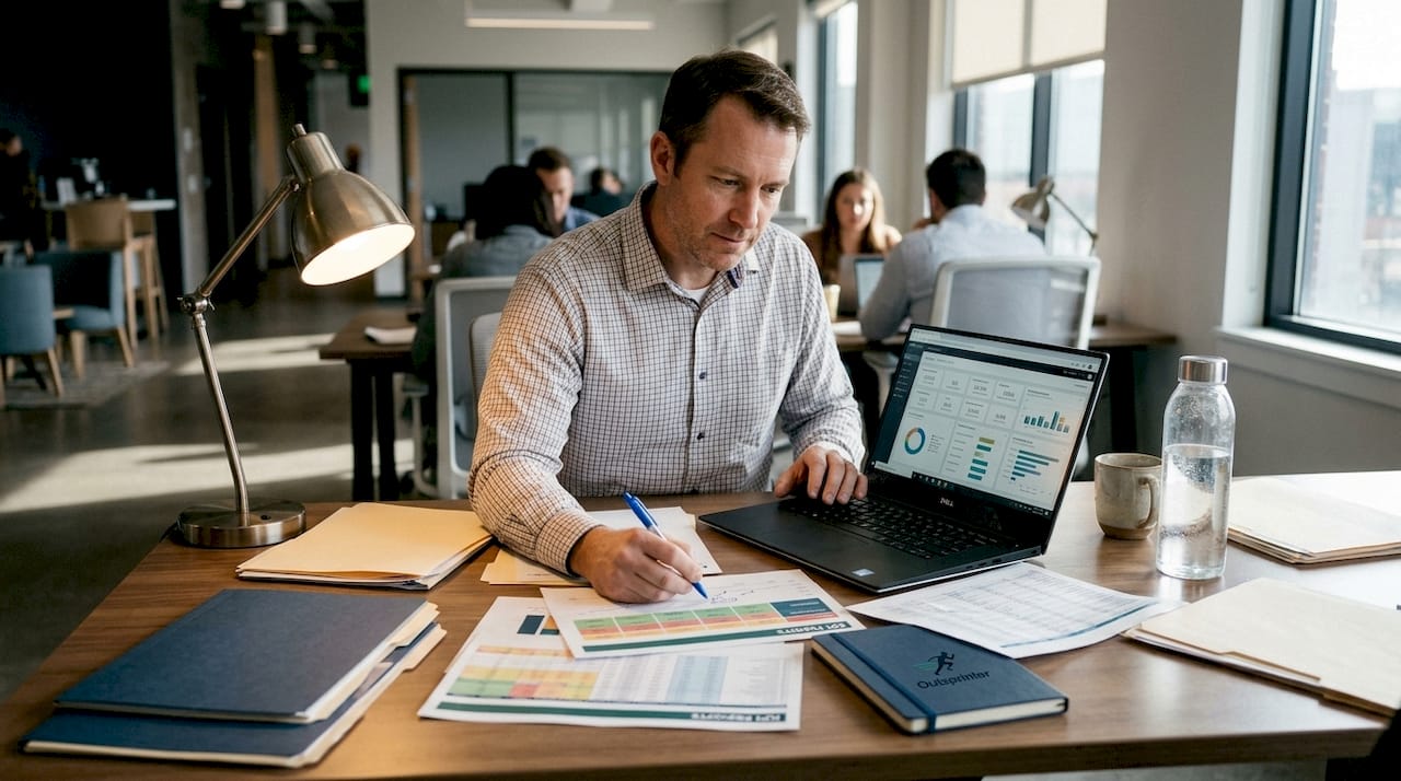 Analyst making notes on KPI documents