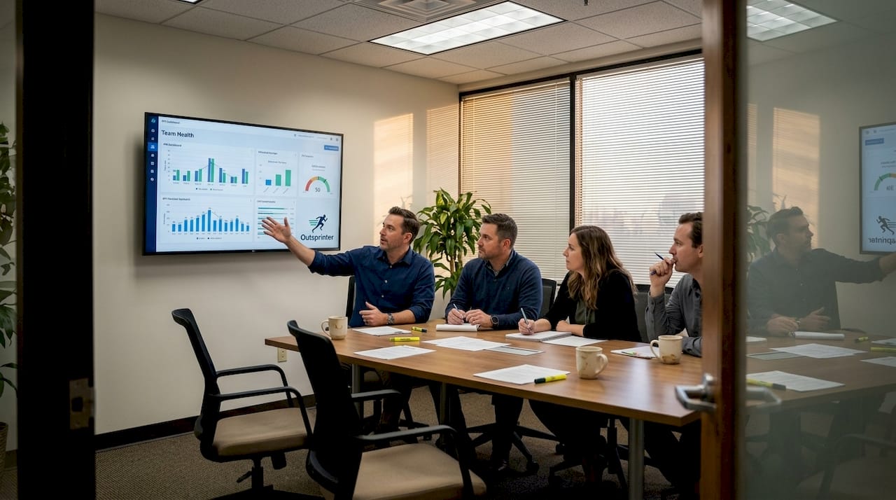 Team discussing KPI dashboard during meeting