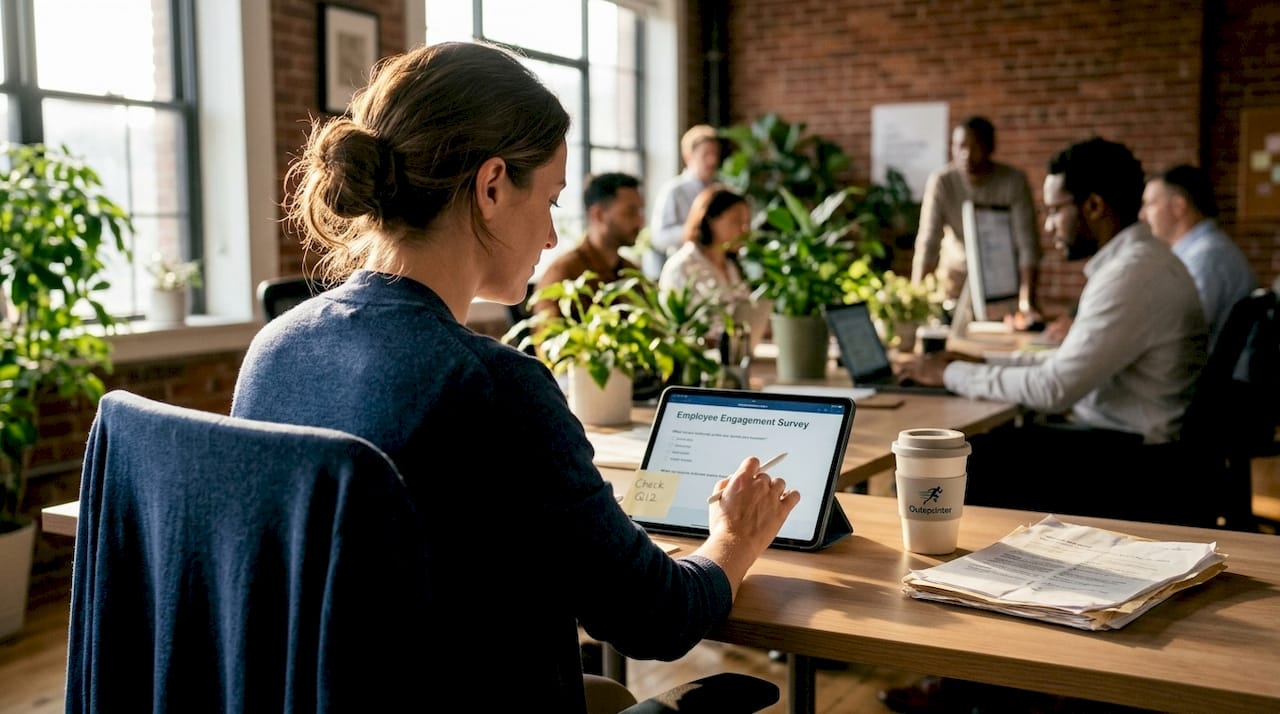 Employee completing engagement survey at desk