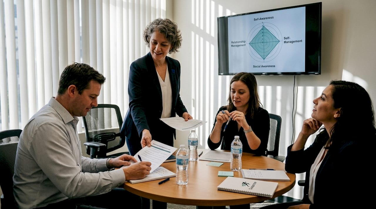 Coach sharing emotional intelligence surveys with leaders