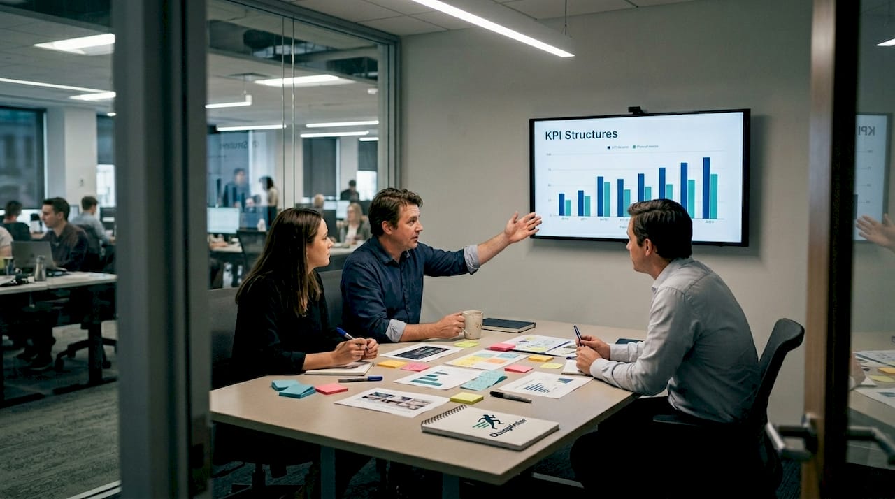 Team meeting discussing KPI frameworks