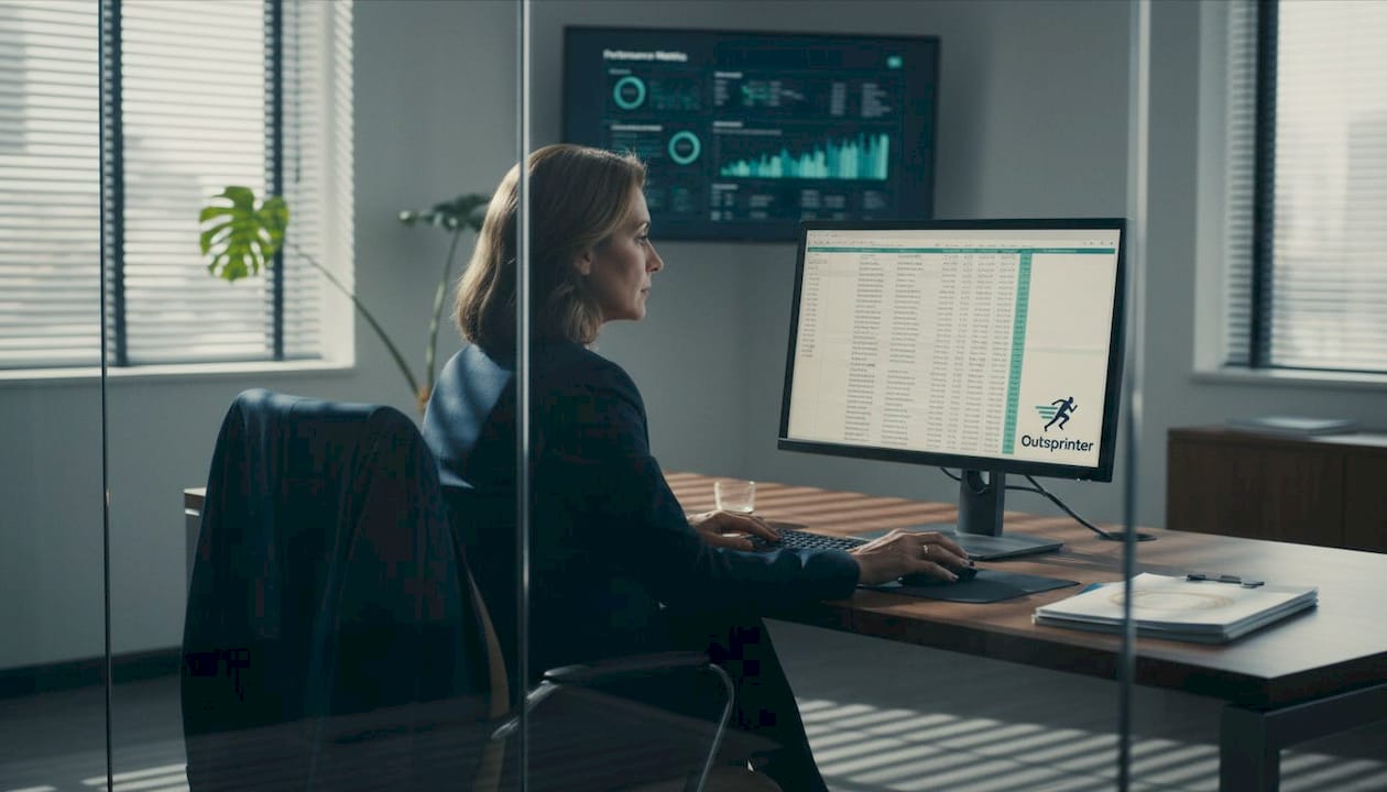 COO reviews KPIs at glass-walled office desk