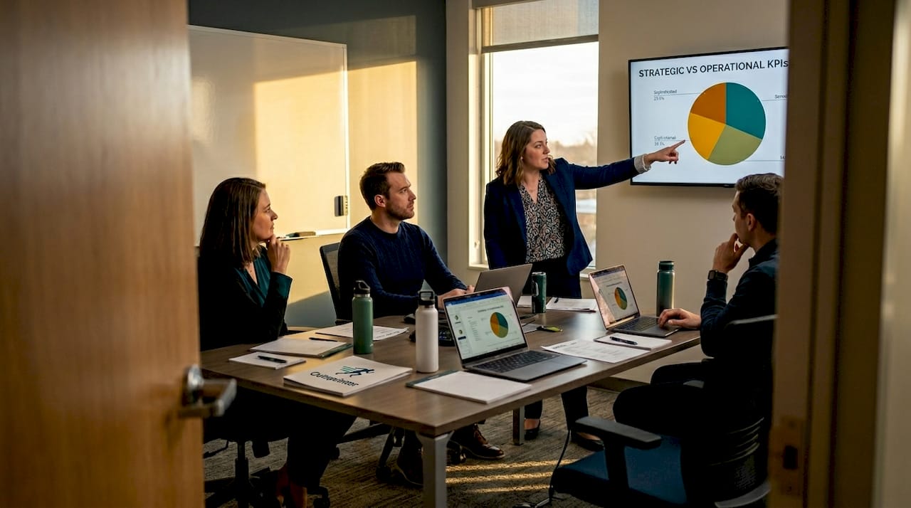 Team discusses KPI chart in meeting