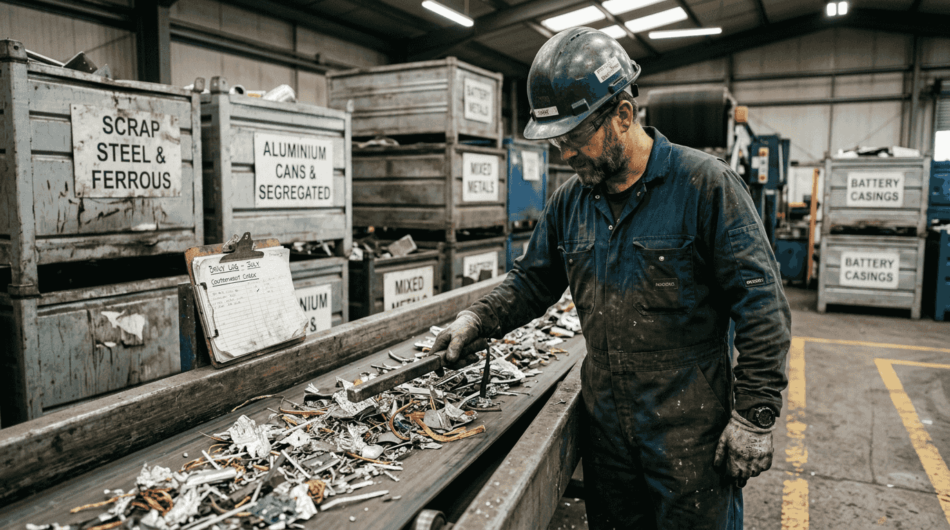 Worker sorting recycled metals at factory