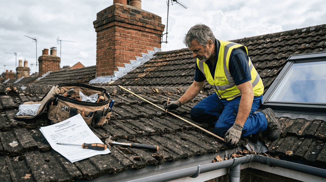 Installer measuring rooftop for solar panel quote