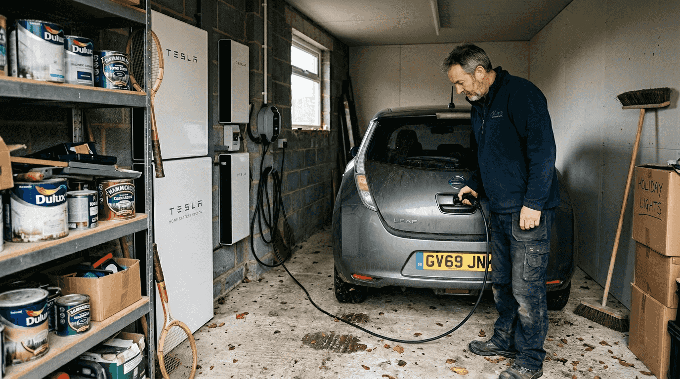 Home garage with solar battery and EV charging