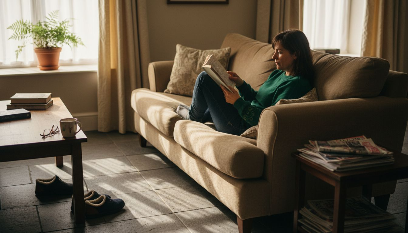 Sunlit living room with thermal mass elements