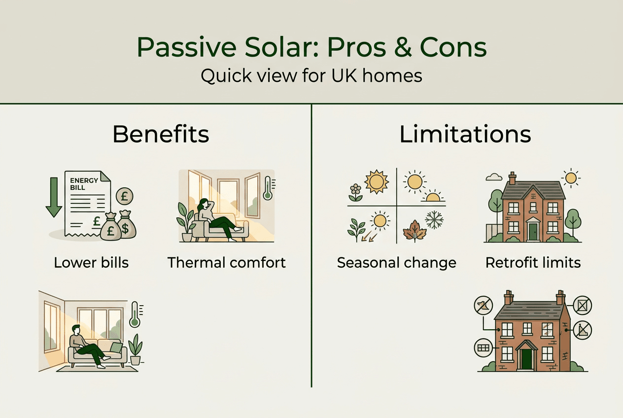 Infographic comparing passive solar benefits and limitations