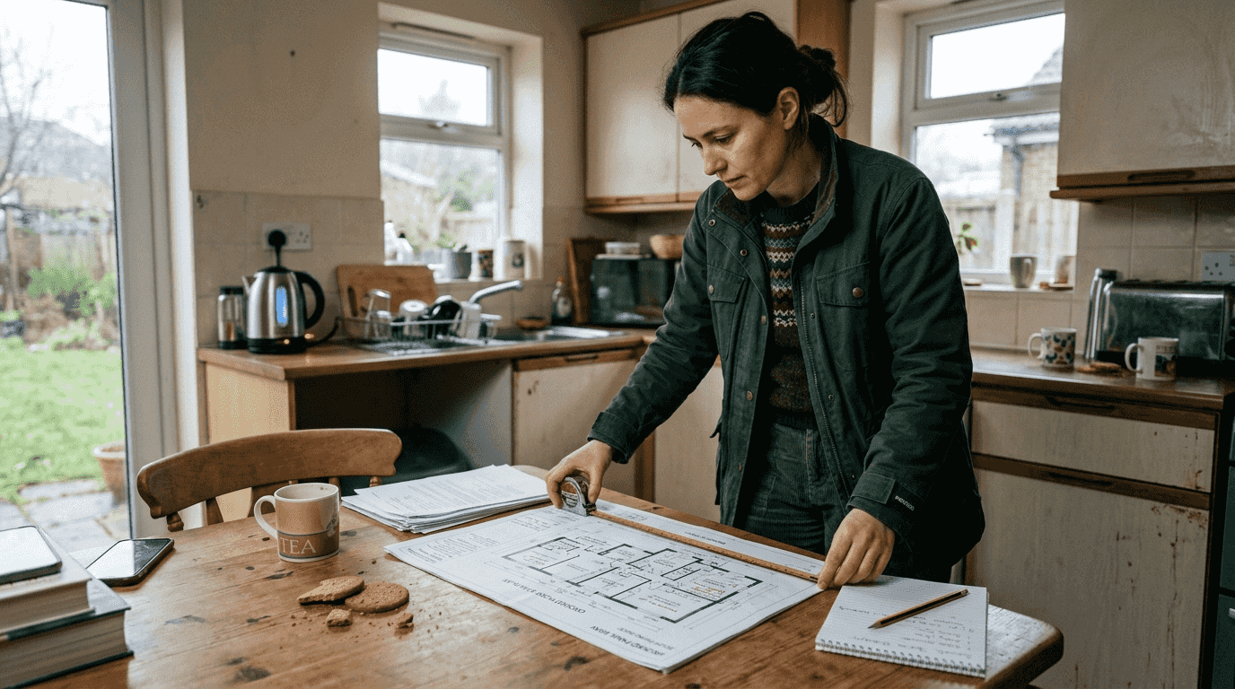 Designer surveying domestic kitchen for solar