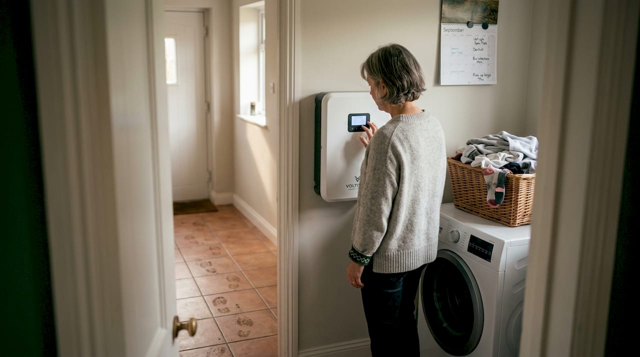 Woman checks home battery storage system