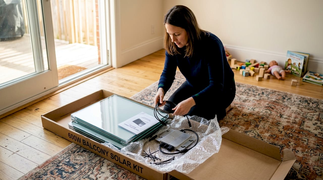 Woman unpacking balcony solar kit in living room