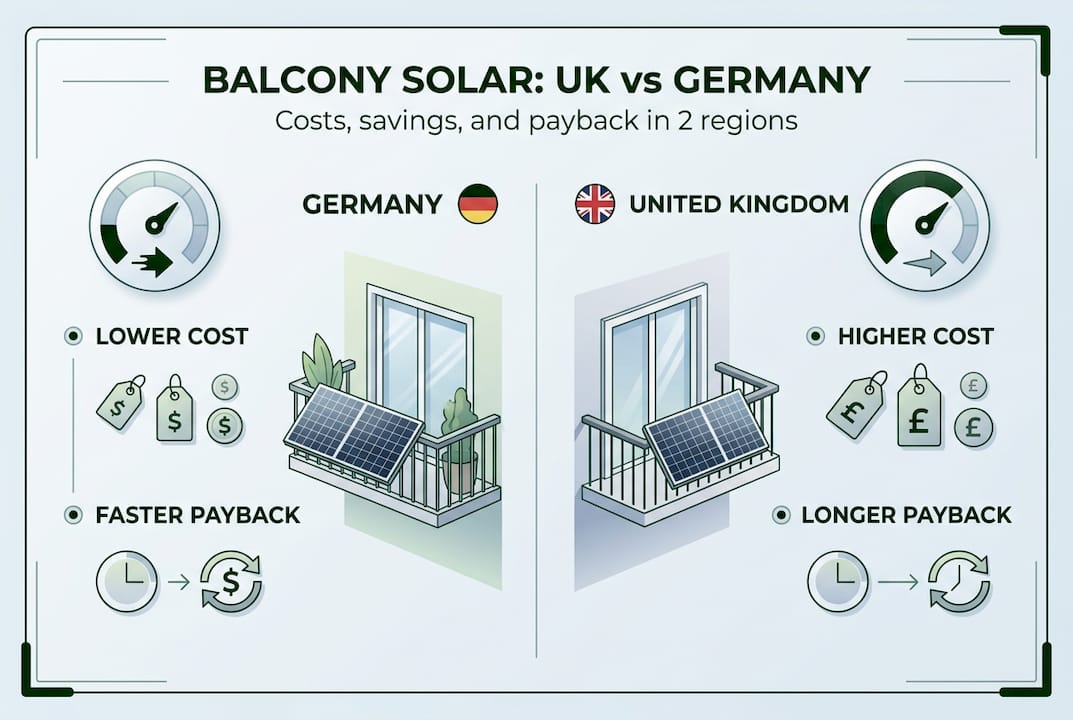 Infographic comparing UK and Germany balcony solar costs