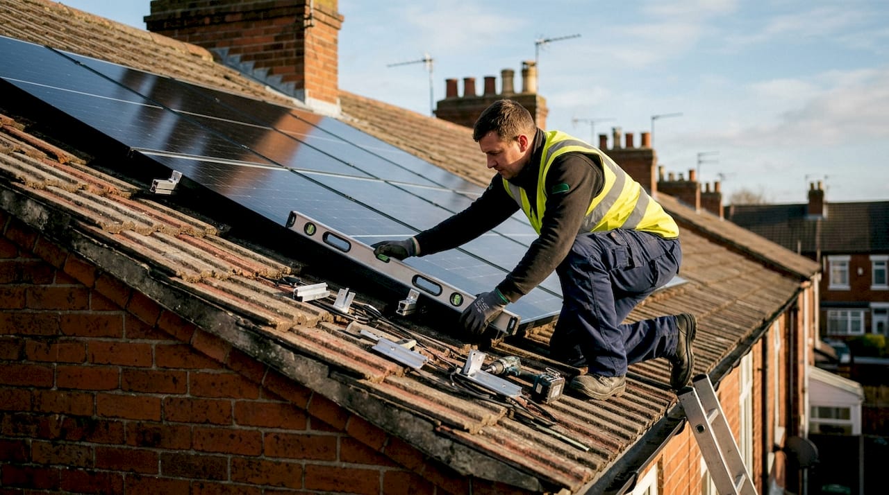 Installer checking new solar panels on roof