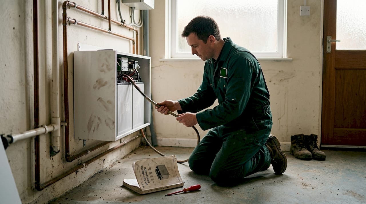 Worker connecting home solar battery unit