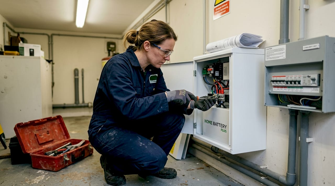Electrician inspects lithium battery installation