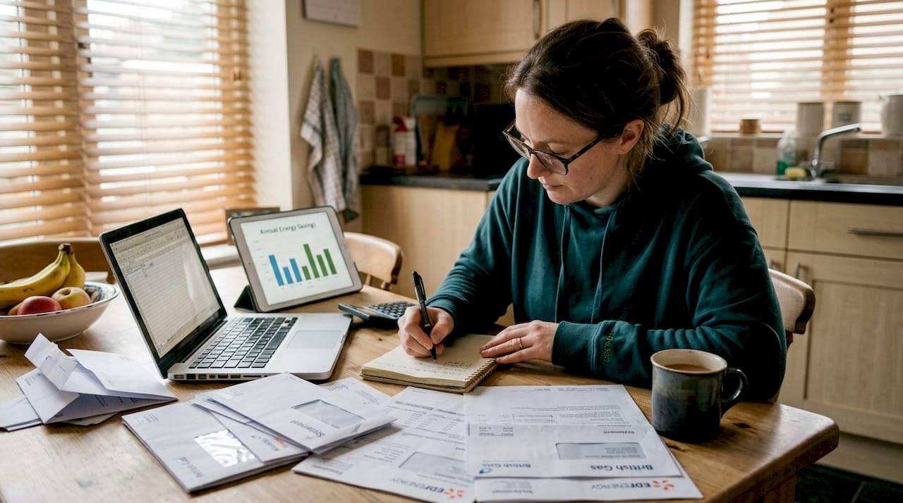 Person reviewing battery savings at kitchen table