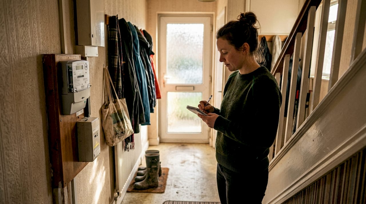 Woman taking electricity meter reading at home