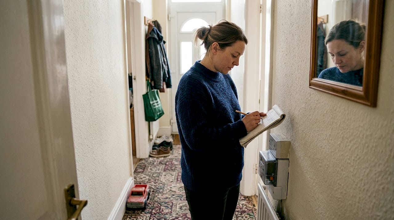 Homeowner recording numbers from energy meter