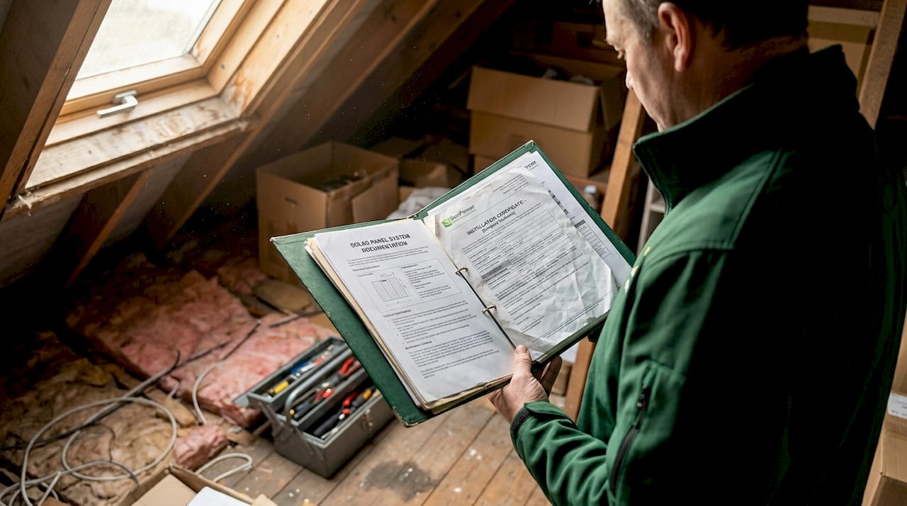 Person organizing solar panel documents in loft